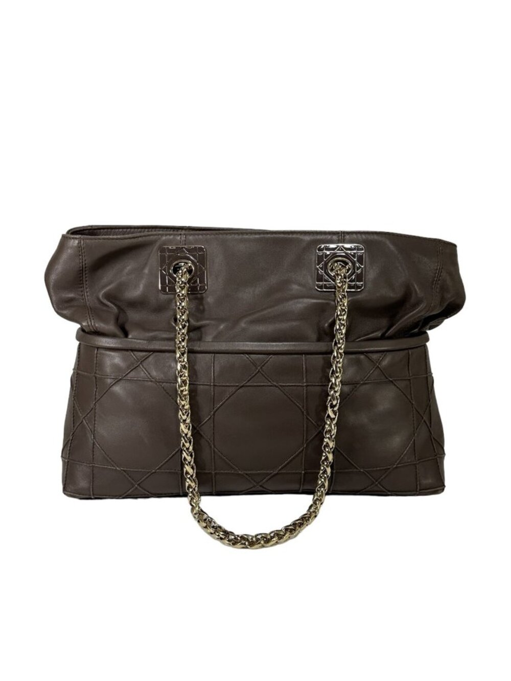 Authentic Dior Dark Beige Cannage Leather Granville Chain Link Tote Bag